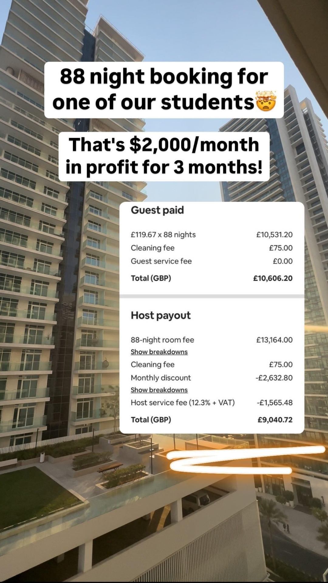 88-night booking earning over £9,000 in host payout